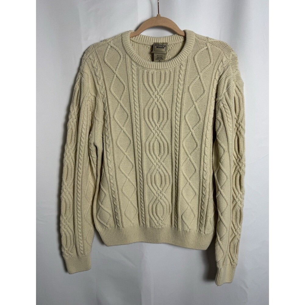 VTG 90s Mens Size M Ivory Aran Cableknit Fisherman Pullover Sweater 100% Cotton